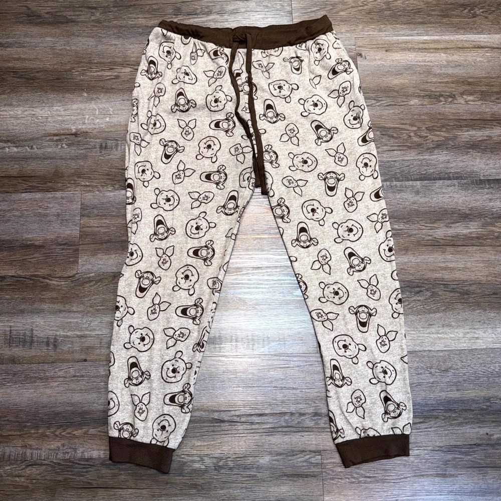 Disney Pajama Pants Women Large Beige Winnie The Pooh Tigger Face AOP Drawstring